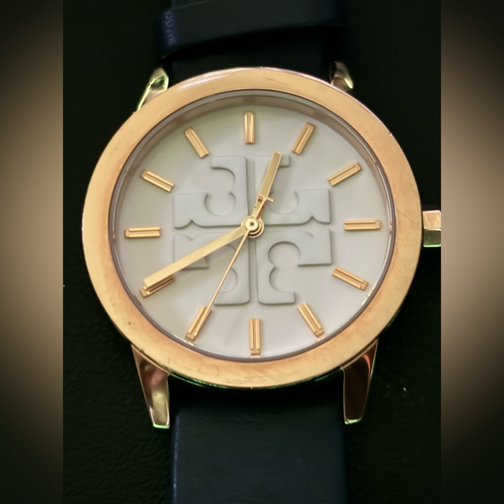 Tory Burch Reva Gold-Tone Logo Watch • Navy Leather Strap • TBW6008